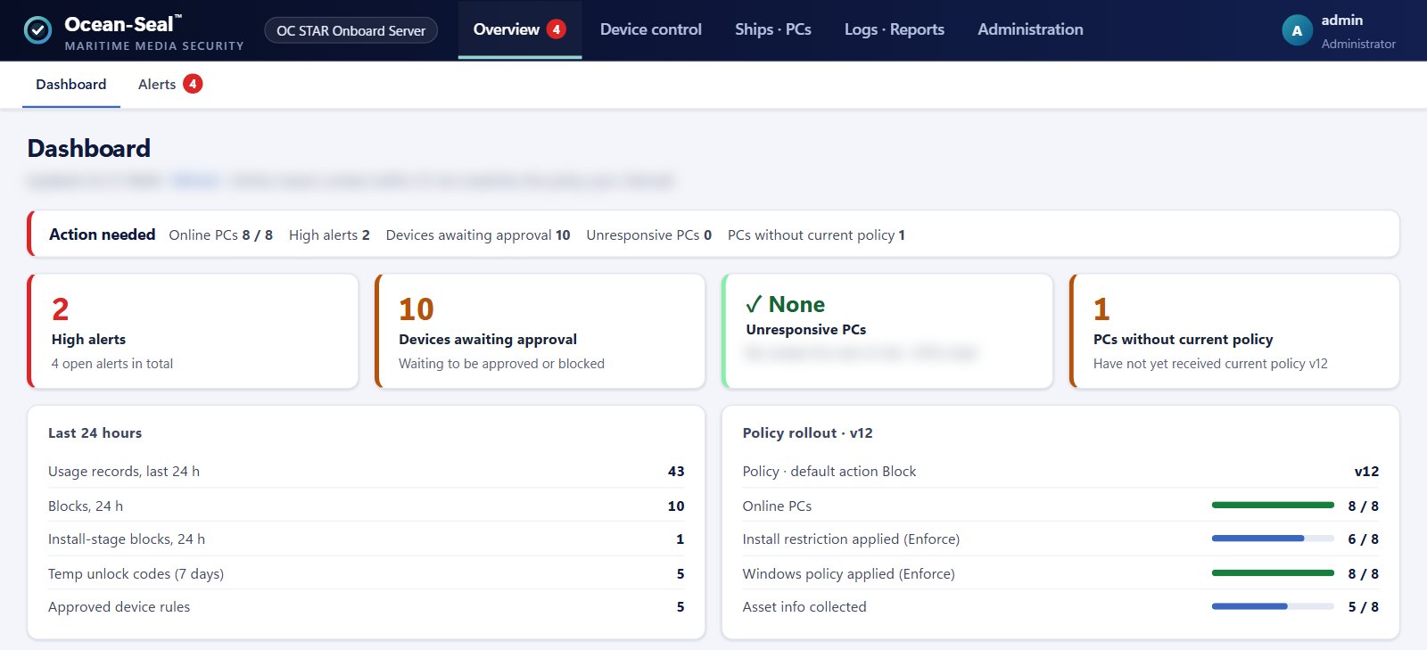 Dashboard — online PCs, high alerts, devices awaiting approval and policy rollout on one screen