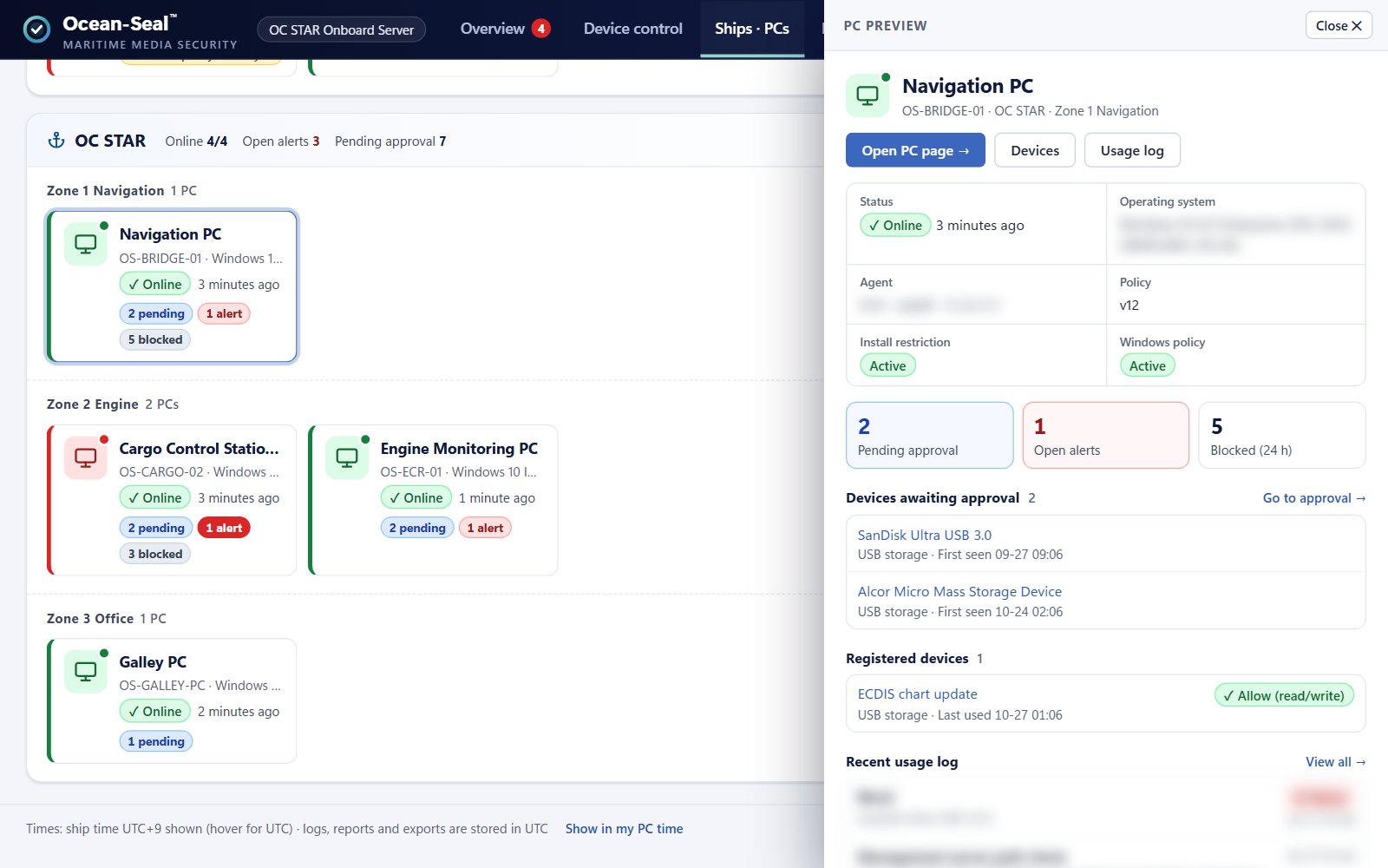 Ship PCs — PC status by ship and security zone at a glance, with a summary panel on click